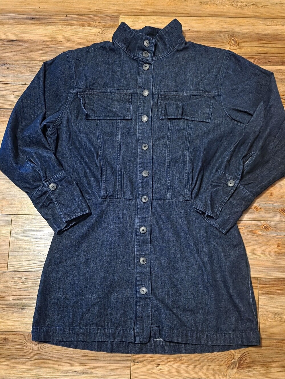 Zara Dark Wash Denim Utility Mini Shirt Dress High Neck Pockets XL EUC